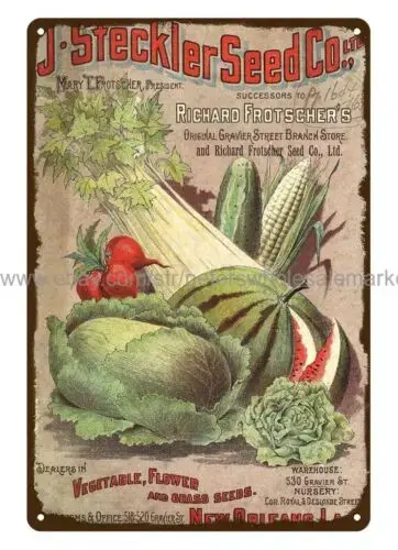 Repolhos, Cenouras e Milho: Sementes Vegetais Vintage da Steckler Seed Co. 1899 em Sinal de Metal