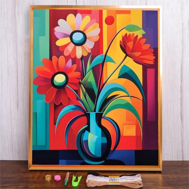 Kits de Bordado em Ponto Cruz com Rosca de Algodão para Adultos e Crianças - Artesanato DIY de Flores Abstratas Coloridas