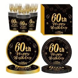 Louça Descartável para Adultos, Artigos para Festas de Aniversário, Pratos e Guardanapos de Papel Preto e Dourado, Decoração para Festa, 18 30 40 50 60 - Image 3