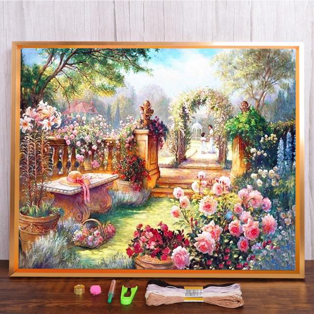 Kit de Ponto Cruz "Paisagem dos Sonhos": Decore sua Casa com Casas de Desenhos Animados e Fluxo de Cerejeira em Lona DMC Impressa
