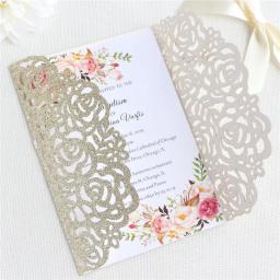 (10 peças/lote) cartão de convite de casamento de luxo do brilho do ouro com fita corte a laser rosa quinceanera cartões de festa de aniversário ic055 - Image 3