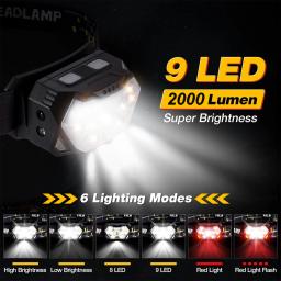 Portátil forte luz farol, USB recarregável, sensor de movimento, farol, pesca, camping, ao ar livre, lâmpada principal, trabalho lanterna, 9 LED - Image 2