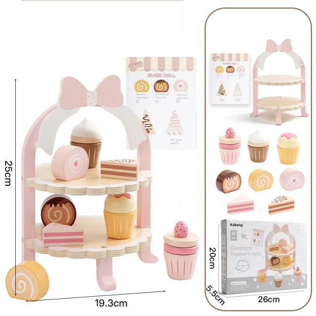 Conjunto de Bolo de Madeira Rosa para Crianças - Brinquedo Educacional Montessori