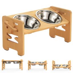 Tigelas de bambu ajustáveis para cães, Dog Feeder Stand, tigelas de aço inoxidável para cachorros e gatos, acessórios para animais de estimação - Image 5