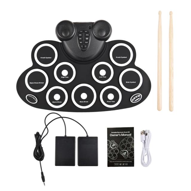 Rolo de Mão para Bateria Eletrônica com Baquetas, Pedal e Alto-Falante Duplo - Conexão MIDI Gaming Pad com 9 Almofadas