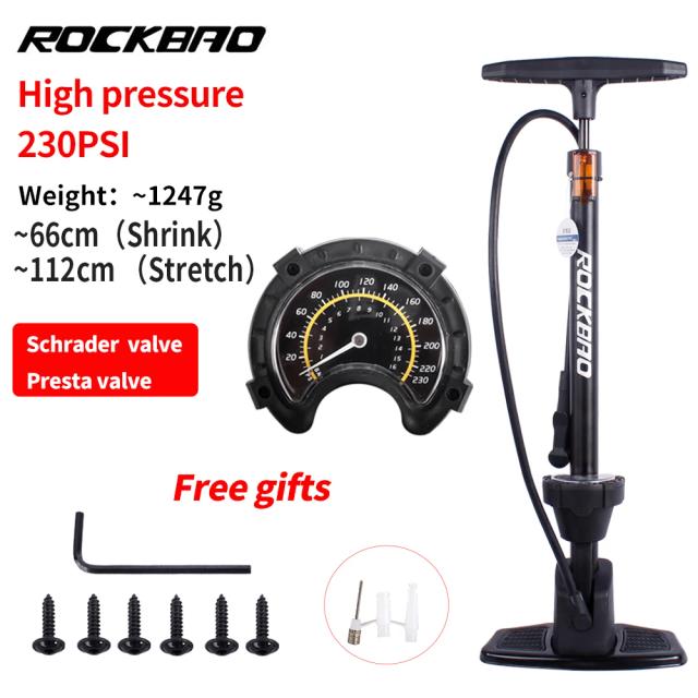 BOMBA DE BICICLETA ROCKBAO 230PSI ALTA PRESSÃO SCHRADER PRESTA