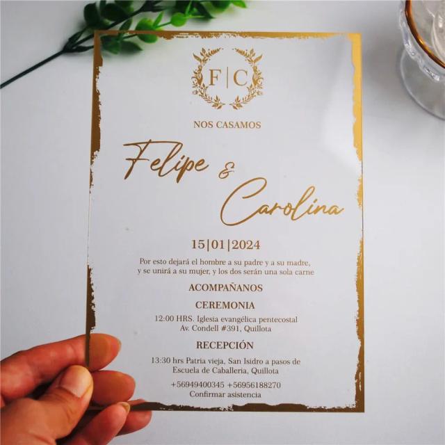Convite Personalizado em Cartão Acrílico Translúcido para Casamento e Aniversário com Detalhes Dourados - Pacote com 30 Unidades