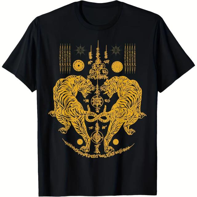 LocalSawadee Camiseta Masculina Tailandesa Sak Yant Twin Tigers Casual
