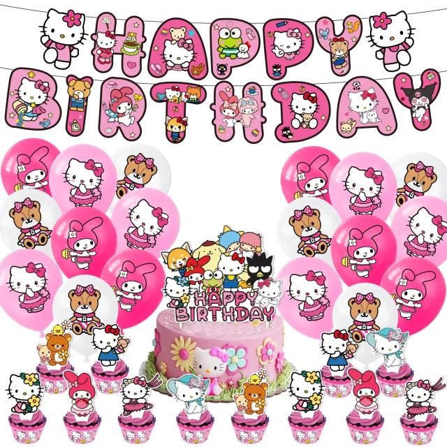Conjunto Completo de Festa Aniversário: Banner Descartável com Tema Hello Kitty, Bolo Topper, Bandeira Pendurada e Balões Decorativos