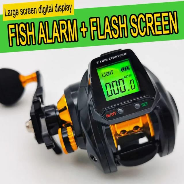 Carretel de Pesca Digital com Contador de Linha e Alarme de Mordida