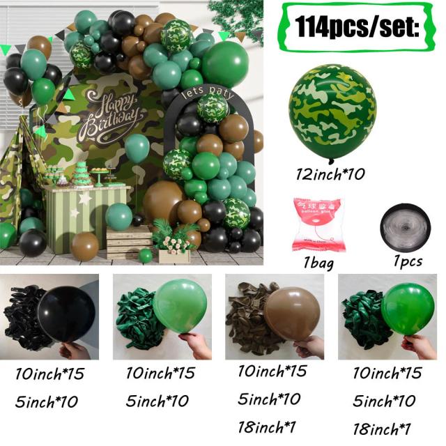 Arco de Balões Verde Camuflagem para Decoração de Festas ao Ar Livre, Aniversários e Temas de Selva - 114 Peças