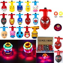 12 pçs/caixa disney congelado homem aranha led girando topo piscando luz figuras de música modelo lançador brilho à noite rotativa crianças brinquedos - Image 1