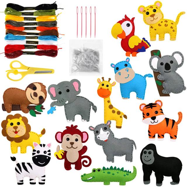 Kit de Costura de Animais da Selva para Crianças - DIY Artesanato com 14 Peças de Pelúcia e Feltro para Iniciantes