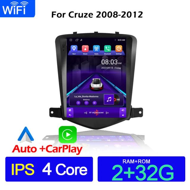 Rádio Multimídia 2DIN CarPlay e Android Auto para Chevrolet Cruze J300 2008-2012 com Tela Estilo Tesla e GPS Integrado