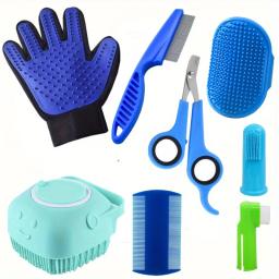 Depilação pente para cão, Pet Grooming Set, Flea Comb, Dog Shampoo Brush, Pet Nail Clippers, Dog Toothbrush, 8 pcs - Image 1