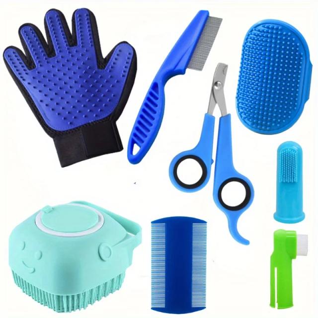 Kit Completo de Depilação para Cães com Pente AntiPulgas, Escova de Shampoo, Cortador de Unhas e Escova de Dente - 8 Peças Essenciais para Cuidado Pet