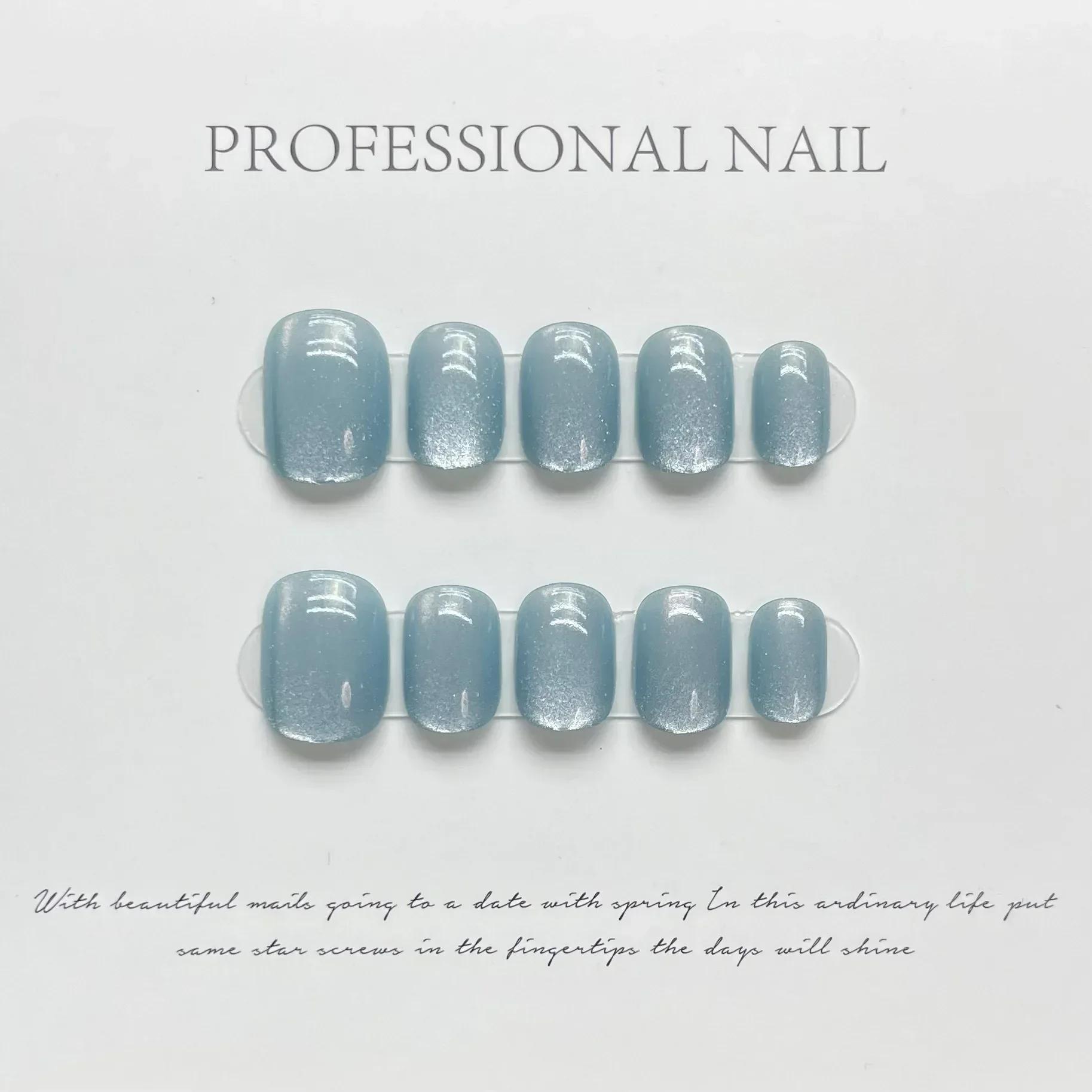 Curtas falsas unhas de acrílico, laser, arco-íris, olho de gato, feito à mão, pressione, artificial, cobertura completa, manicure, 10pcs - Image 1