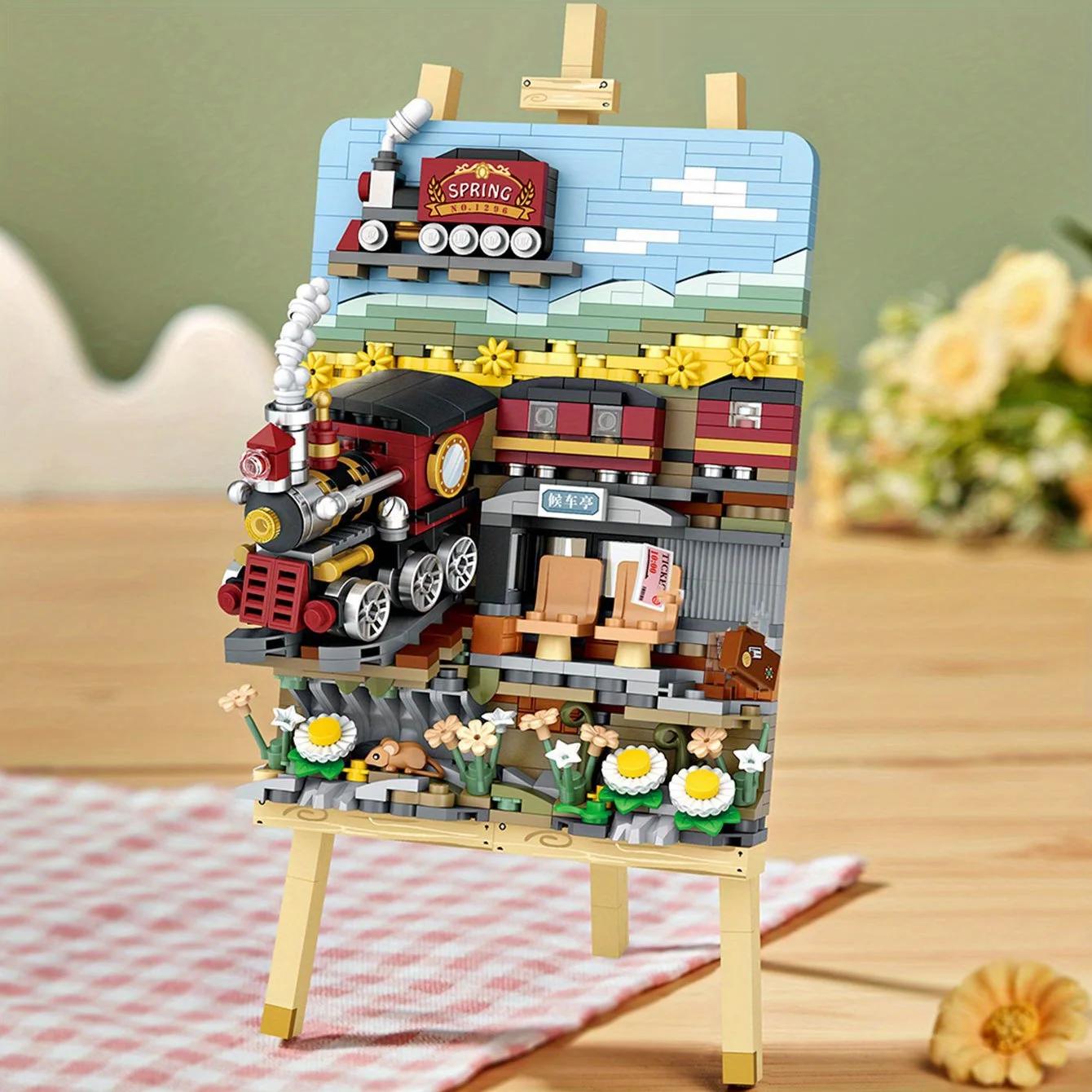 Estação Clássica de Cavalete 3D, Mini Blocos de Construção, Cenário Natural, Tema Viagem, Estação, Plataforma - Image 1