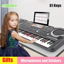 Teclado de piano eletrônico para crianças, órgão com microfone, adesivos, brinquedos educativos, instrumento musical, presente para iniciantes, 61 teclas - Image 1