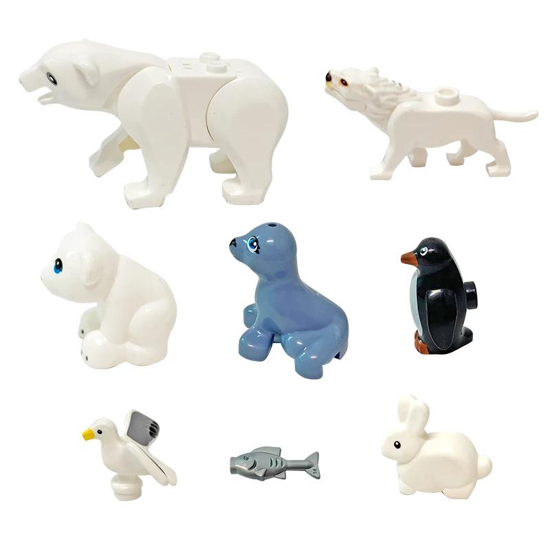 8 pçs mini animais polares asst blocos de construção brinquedos diy urso polar urso branco lobo leão marinho gaivota coelho peixe pinguim tijolos - Image 1