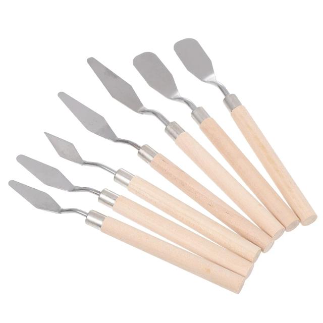 7 pçs paleta de pintura a óleo raspador pá espátula portátil mão suprimentos madeira ferramentas estudante aço inoxidável cores misturadas