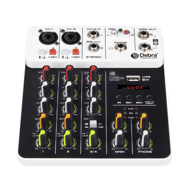 Mesa de Mistura de Áudio Debra com Bluetooth e USB, 4 Canais, 48V Phantom Power, Efeito de Delay, Ideal para Gravação em PC, Modelo V4
