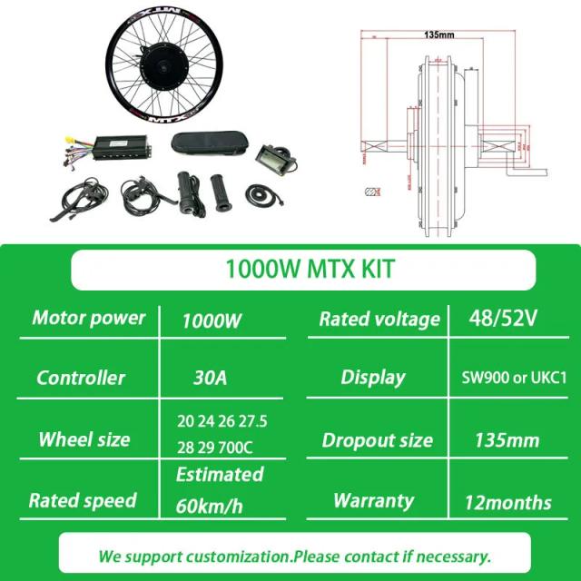Kit Conversão Bicicleta Elétrica 48V 1000W 72V 3000W Aro MTX Roda Traseira Sem Escova 20-29"
