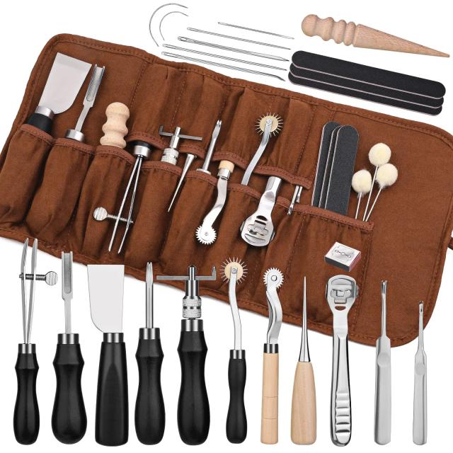 Kit Completo de Ferramentas de Trabalho em Couro para Iniciantes - 37 Peças de Costura e Artesanato com Borda Skiver