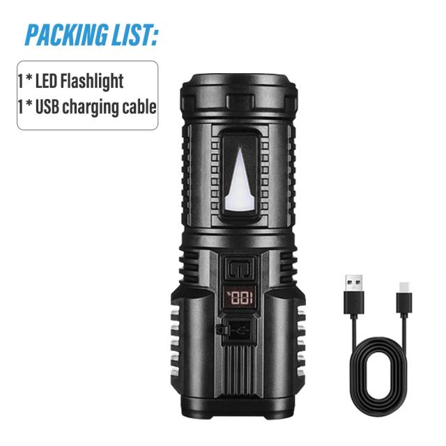 Lanterna LED Recarregável Super Brilhante com Luz Lateral e Display Digital para Acampamento ao Ar Livre