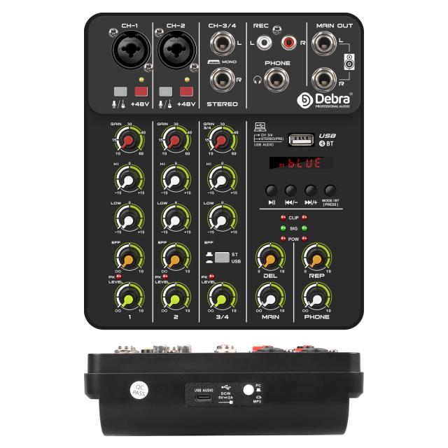 Mixer de Áudio Profissional com Bluetooth, USB, Alimentação Phantom 48V, Efeitos de Delay e Replay, 4 Canais - Modelo V4