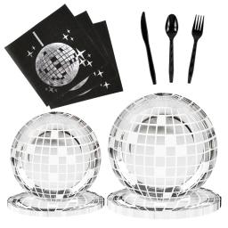 Conjunto de utensílios de mesa descartáveis para festa temática de discoteca, prata, bola de discoteca, guardanapos, copos, decoração de festa de aniversário dos anos 70, suprimentos de casamento - Image 2