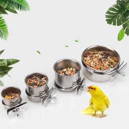 Papagaio tigela de alimentação com braçadeira titular, aço inoxidável Pet Birds Food Dish, gaiola acessórios, bebendo alimentador, 1pc - Image 1