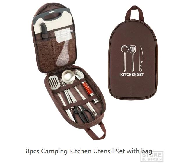 Conjunto de Utensílios de Cozinha para Camping com Saco de Transporte - Ideal para Churrasco, Praia e Caminhadas - 8 Peças Práticas e Organizadoras para suas Aventuras ao Ar Livre