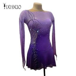 Meninas vestido de patinação artística profissional competição de patinação no gelo saia feminina crianças roxo manga longa elastano artesanal strass - Image 2