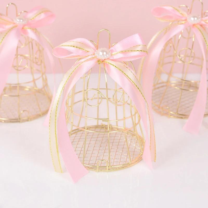 Mini metal dourado vintage gaiola de pássaro caixa de doces chá de bebê favores caixas de embalagem de presente para convidados casamento aniversário lembrança decoração - Image 1