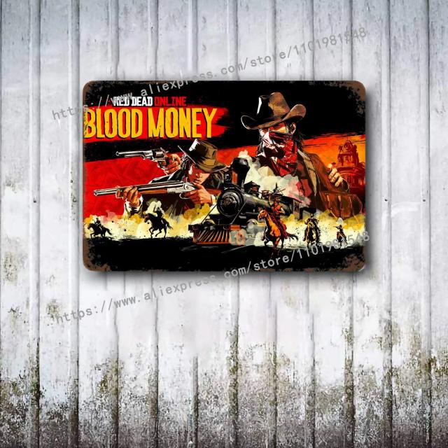 Cartaz Vintage em Estanho de Red Dead Redemption 2 para Decoração de Pub, Bar e Caverna Masculina