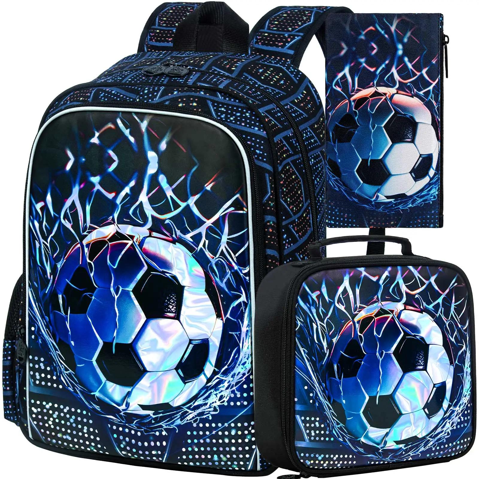Mochila de futebol para meninos, 3 peças, 16 "bolsa escolar infantil com lancheira, conjunto de mochilas de futebol para jardim de infância pré-escolar elementar - Image 1