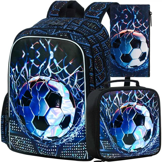 Conjunto de Mochilas de Futebol para Meninos com Lancheira - 3 Peças para Jardim de Infância e Escola Infantil de 16"