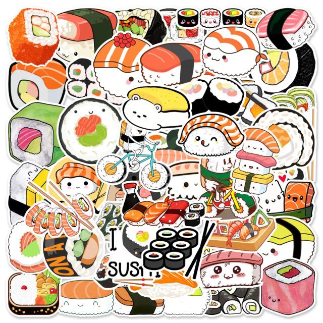 Conjunto de 50 Adesivos de Sushi Inspirados em Desenhos Animados para Planejamento e Scrapbooking