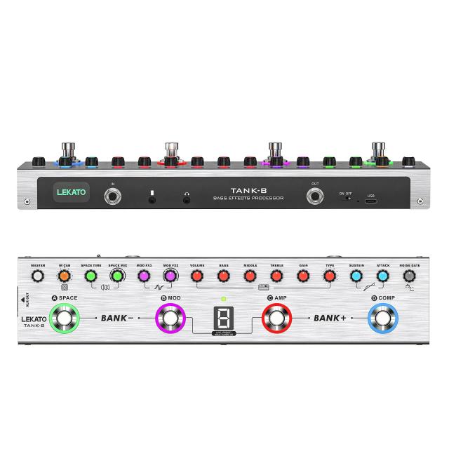 Pedal de Efeitos LEKATO para Baixo com 36 Predefinições e Módulos Editáveis de Amplificador, Compressor, Modulação e Reverb