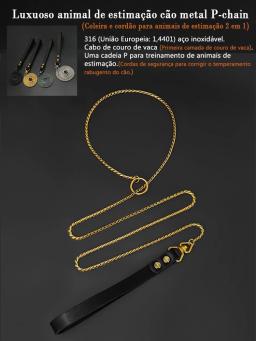 Deluxe Coleira para Cachorro e Conjunto de Cordão Corrente P de Metal para Cães de Estimação Pequenos Médios Grandes Arnês Treinamento Corrigindo Irritabilidade Prata Ouro Cintos de Aço Inoxidável Cabo de Couro Durável - Image 1
