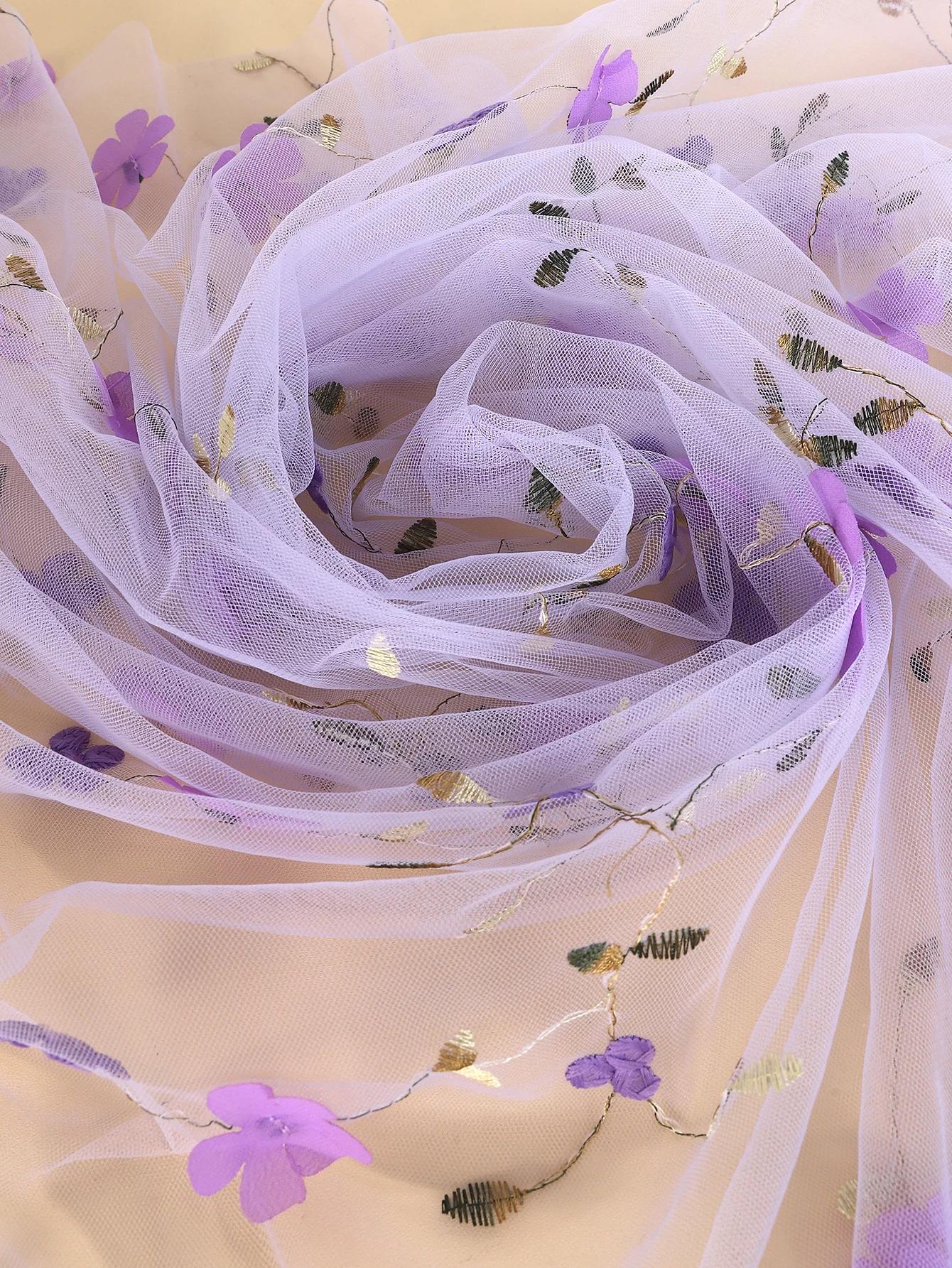 Tecido de tule de poliéster para roupas DIY, padrão floral, flor de lavanda, bordado malha renda, tule macio - Image 1