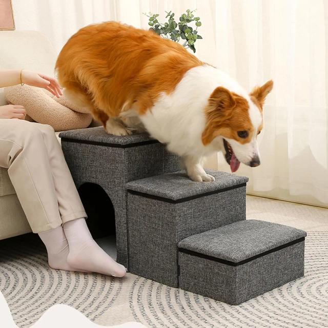 Escada Dobrável Multifuncional com Armazenamento, Rampa para Pets e Ninho de Gatinho - 3 Passos para Cães e Gatos