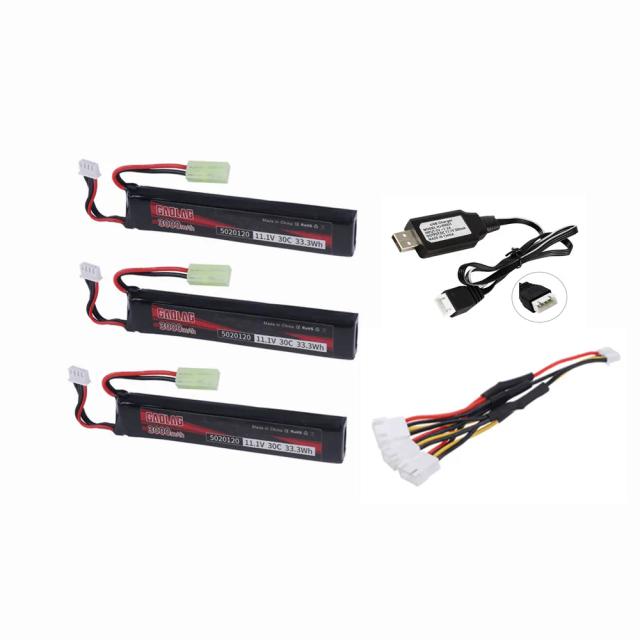 Bateria Recarregável LiPO 11.1V 3000mAh 30C e Carregador para Pistolas Airsoft BB - Peças Elétricas para Armas de Brinquedo