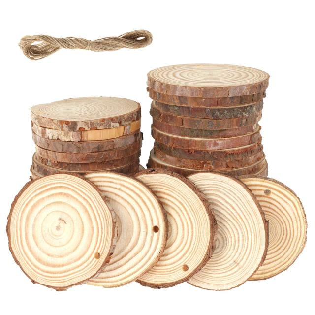 Conjunto de 30 Fatias de Madeira Natural com Buraco para Artesanato, Enfeites de Natal e DIY