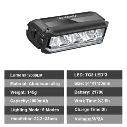 NEWBOLER-Luz Frontal Bicicleta, Lanterna Impermeável, Carregamento USB, MTB Acessórios de Ciclismo de Estrada, 2000mAh, 2000Lumen - Image 2