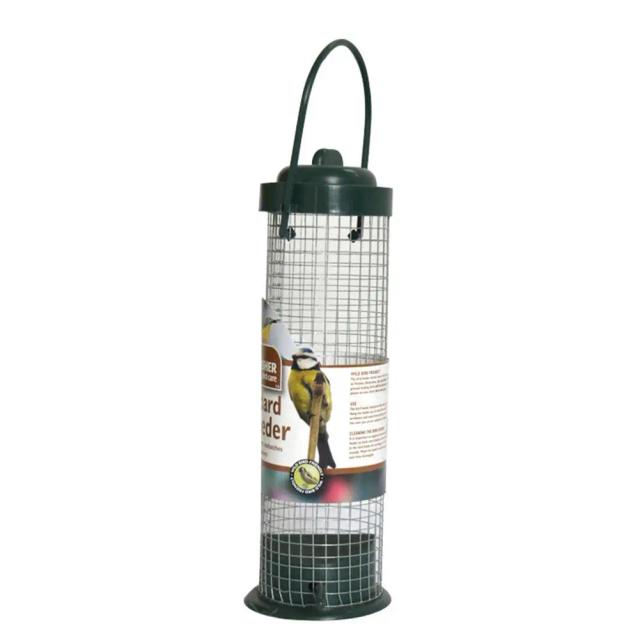 Alimentador de pássaros de malha verde escuro com gancho, furo múltiplo para jardim e varanda, ideal para animais de estimação.