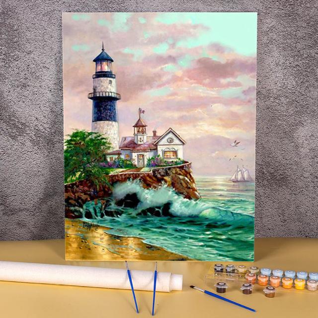 Kit Completo de Pintura por Números: Paisagem de Farol com Tintas a Óleo 50x70 para Artesanato Artesanal