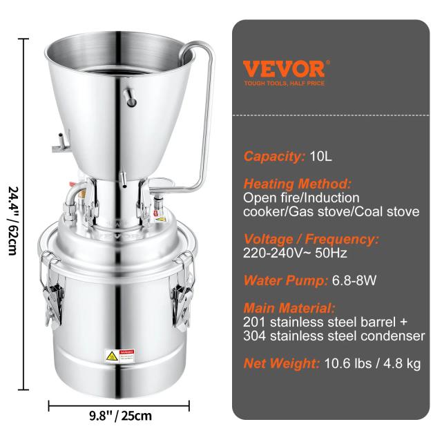 Kit de Destilaria Doméstica VEVOR com Bomba Circulante para Fazer Whisky, Vinho e Brandy - 10 Litros em Prata