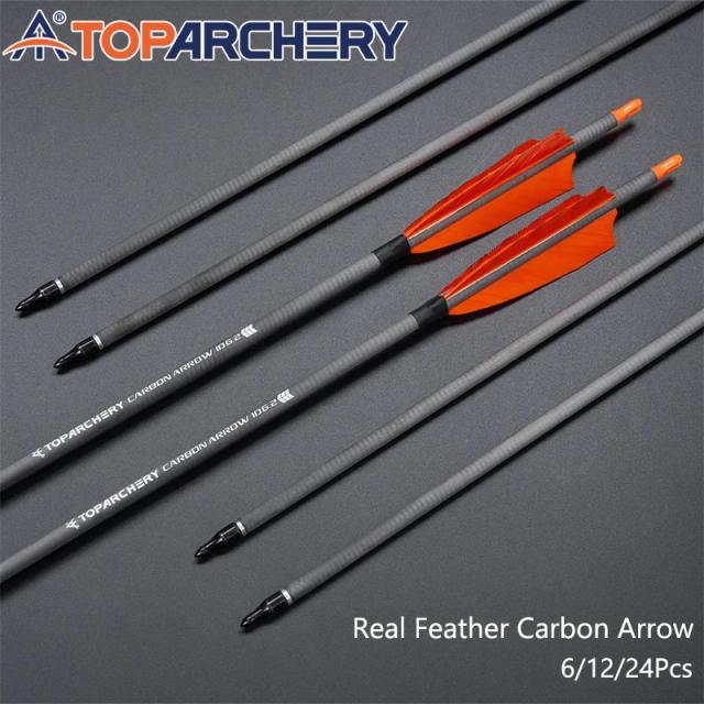 Tiro com arco 33 "fleas de carbono de penas reais, coluna 400, id 6.2mm, para caça arco recurvo, arco longo tradicional, setas substituíveis